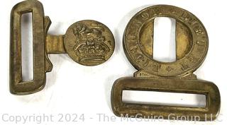 Eclectic Grouping: Great War (WW1) British Army Brass Belt Buckle, Dieu Et Mon Droit, Kings Crown; LODIS Billfold; Polo Sunglasses; Utensils; Safety Razor; Brass Cat Figure; and a Swing thing