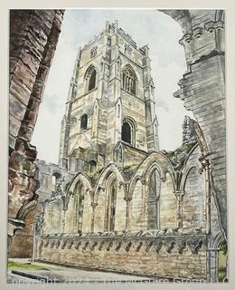 Framed Under Glass Watercolor of Cathedral Tower.  12.5x16" 