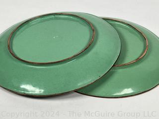 Two (2) Green Chinese Famille Rose Enamel on Metal Plates.  11.5"