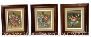 Three (3) Small Framed Under Glass Paint on Canvas Flowers