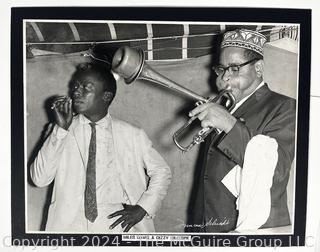 8 1/2 x 13 1/2 B&W Photo of Miles Davis and Dizzy Gillespie taken by Duncan Schiedt. French Lick, Indiana circa 1959. Mounted on foam core.