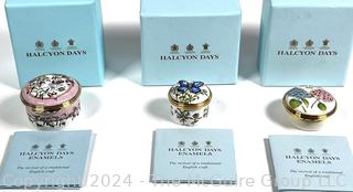 Three (3) Round  Halcyon Days  Enamel Trinket Boxes with Box, Made in England