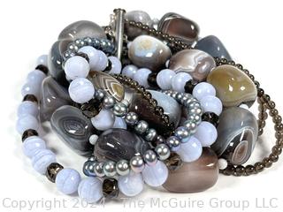 Polished Agate and Freshwater Pearl Multi-Strand Necklace