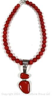 Red Stone Bead Necklace with Inset Sterling Pendant.