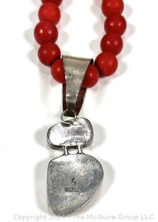 Red Stone Bead Necklace with Inset Sterling Pendant.