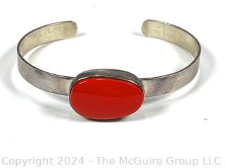 Sterling Silver Cuff Bracelet with Red Inset Stone Center, Signed by Desgner.