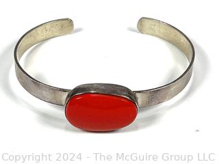 Sterling Silver Cuff Bracelet with Red Inset Stone Center, Signed by Desgner.