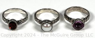 Three (3) Sterling Silver with Gemstone and Pearl Center Stacking Rings. 