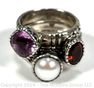 Three (3) Sterling Silver with Gemstone and Pearl Center Stacking Rings. 