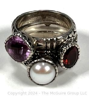 Three (3) Sterling Silver with Gemstone and Pearl Center Stacking Rings. 