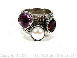 Three (3) Sterling Silver with Gemstone and Pearl Center Stacking Rings. 