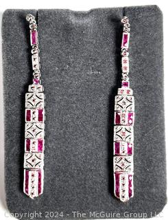 Art Deco Rubies and White Sapphires Dangle Earrings Set in Sterling