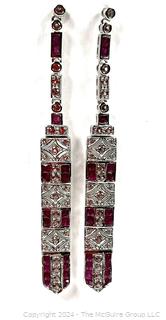 Art Deco Rubies and White Sapphires Dangle Earrings Set in Sterling