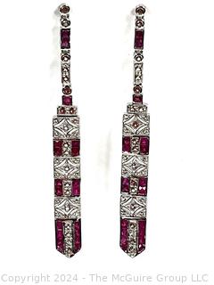 Art Deco Rubies and White Sapphires Dangle Earrings Set in Sterling