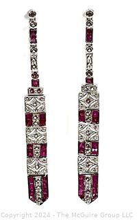 Art Deco Rubies and White Sapphires Dangle Earrings Set in Sterling