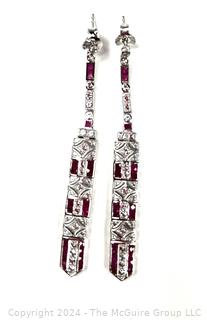 Art Deco Rubies and White Sapphires Dangle Earrings Set in Sterling