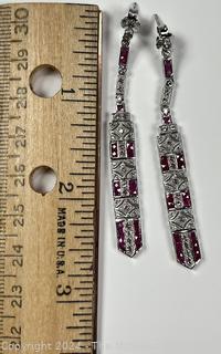 Art Deco Rubies and White Sapphires Dangle Earrings Set in Sterling