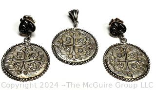 Cast Sterling Silver Earrings and Pendant of Spanish Coins 