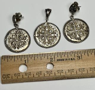 Cast Sterling Silver Earrings and Pendant of Spanish Coins 