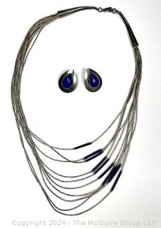 Lapis & Multi Strand Sterling Silver Necklace with Matching Lapis Inset Earrings