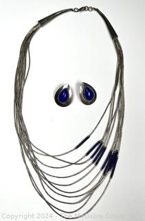 Lapis & Multi Strand Sterling Silver Necklace with Matching Lapis Inset Earrings