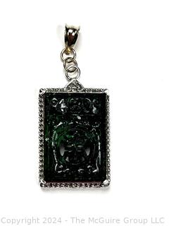 Carved Spinach Green Jadeite Good Fortune Pendant in Silver Surround with 14KT Bail. 