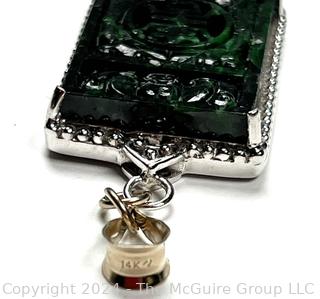 Carved Spinach Green Jadeite Good Fortune Pendant in Silver Surround with 14KT Bail. 