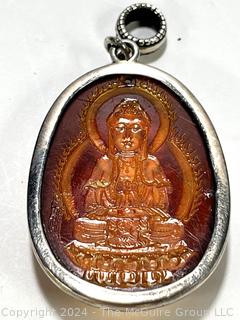 Cabochon Buddha Carved Amber Pendant with Sterling Silver Mounting