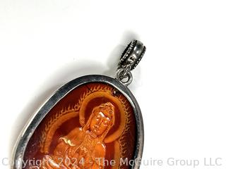 Cabochon Buddha Carved Amber Pendant with Sterling Silver Mounting