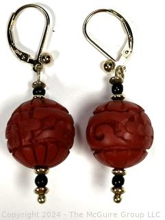 Pair of Cinnabar Carved Bead Earrings