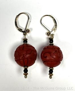 Pair of Cinnabar Carved Bead Earrings