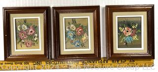 Three (3) Small Framed Under Glass Paint on Canvas Flowers