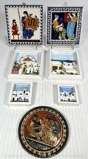 Greek Souvenir Items Including Tiles and Ceramic Art