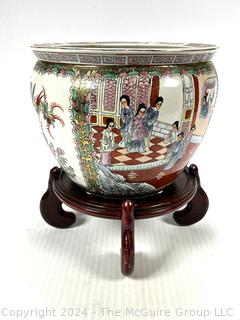 Chinese Hand Painted on White Ground Porcelain Koi Fish Bowl with Wood Stand.