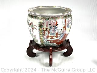 Chinese Hand Painted on White Ground Porcelain Koi Fish Bowl with Wood Stand.