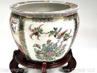 Chinese Hand Painted on White Ground Porcelain Koi Fish Bowl with Wood Stand.