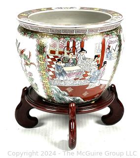 Chinese Hand Painted on White Ground Porcelain Koi Fish Bowl with Wood Stand.