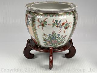 Chinese Hand Painted on White Ground Porcelain Koi Fish Bowl with Wood Stand.