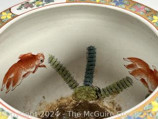 Chinese Hand Painted on White Ground Porcelain Koi Fish Bowl with Wood Stand.