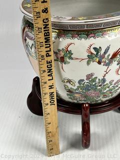 Chinese Hand Painted on White Ground Porcelain Koi Fish Bowl with Wood Stand.