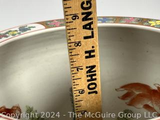 Chinese Hand Painted on White Ground Porcelain Koi Fish Bowl with Wood Stand.