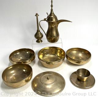 Set of Korean Brass Chakra Singing Bowls and Serving Items