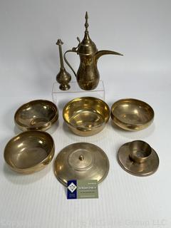 Set of Korean Brass Chakra Singing Bowls and Serving Items