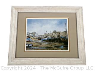 Framed Under Glass Print of Harbor Scene Signed by Artist Nigel Hallard. Artist Bio on Back. 14 x 17”