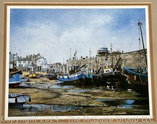 Framed Under Glass Print of Harbor Scene Signed by Artist Nigel Hallard. Artist Bio on Back. 14 x 17”