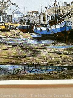 Framed Under Glass Print of Harbor Scene Signed by Artist Nigel Hallard. Artist Bio on Back. 14 x 17”