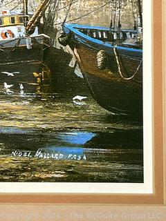 Framed Under Glass Print of Harbor Scene Signed by Artist Nigel Hallard. Artist Bio on Back. 14 x 17”