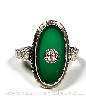 Art Deco Chrysoprase and Diamond 14KT White Gold Ring. Unmarked, but tested. 2.6 Grams (Was 60KK)