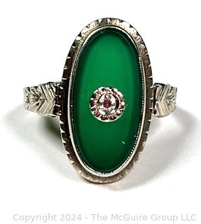 Art Deco Chrysoprase and Diamond 14KT White Gold Ring. Unmarked, but tested. 2.6 Grams (Was 60KK)