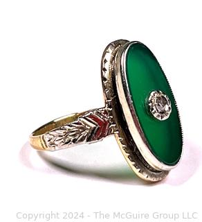 Art Deco Chrysoprase and Diamond 14KT White Gold Ring. Unmarked, but tested. 2.6 Grams (Was 60KK)